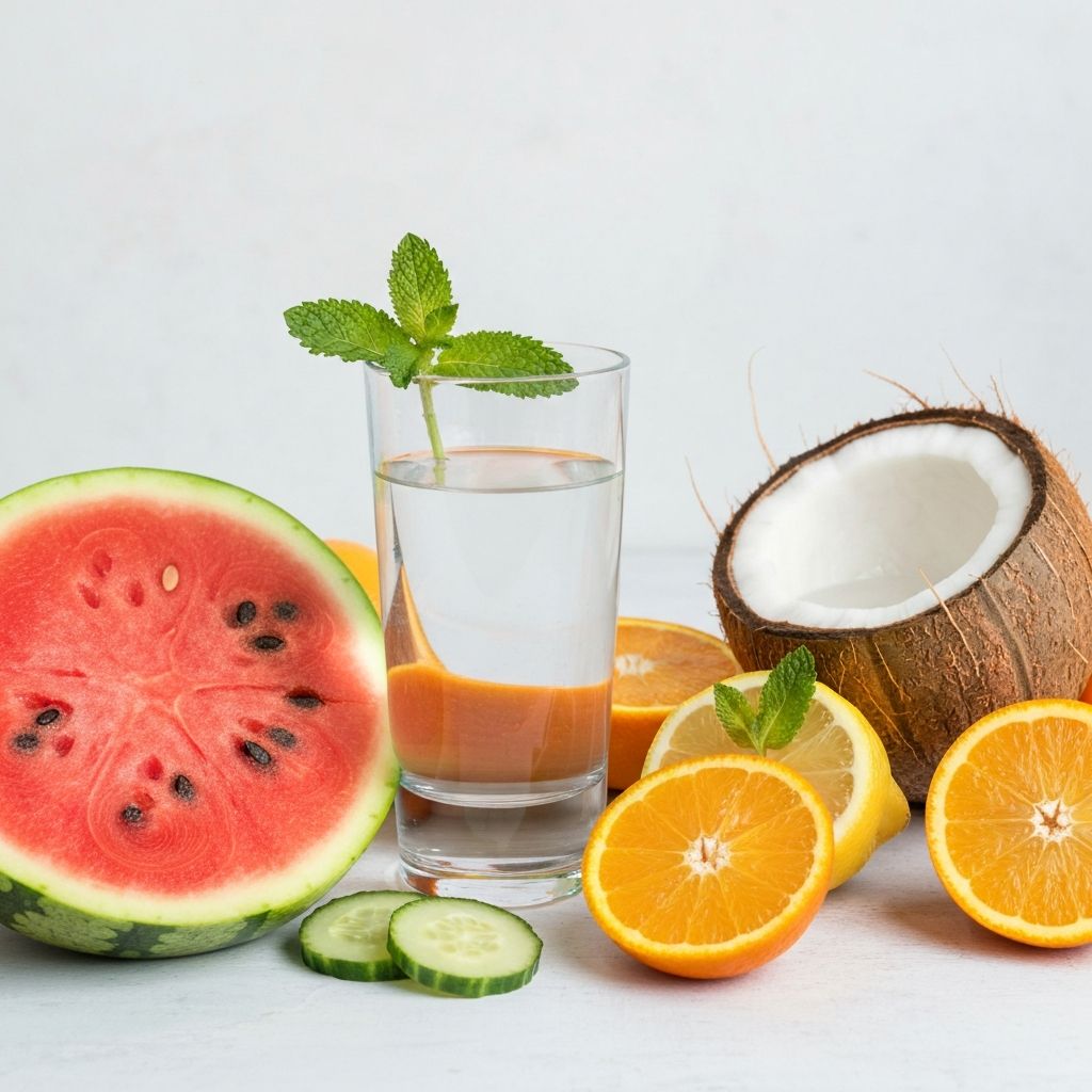 Water glass and hydrating foods like watermelon and cucumber