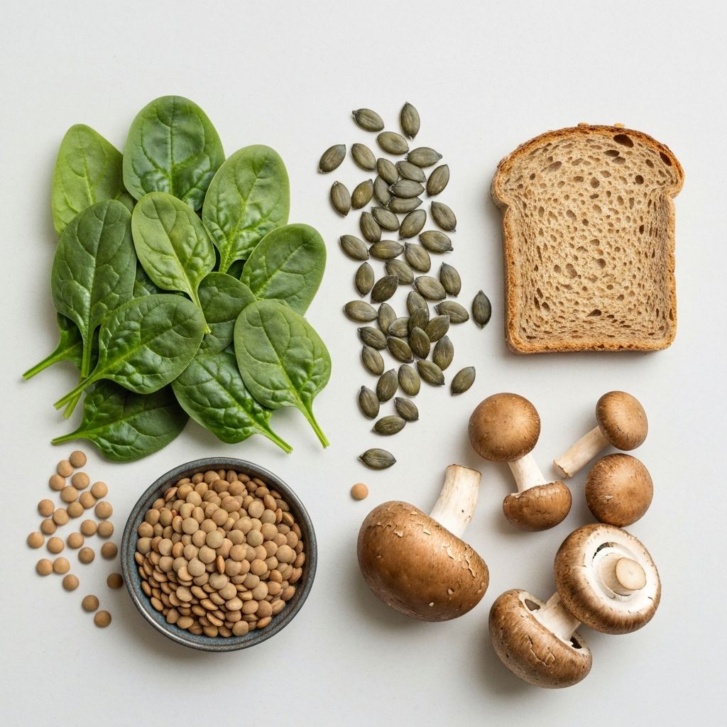 Selection of mineral-rich foods including spinach and seeds